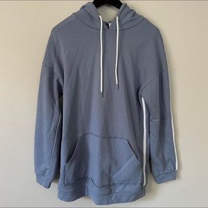 s fashion nova hoodie
oversized; bluish gray color w/ white stripes on the sides